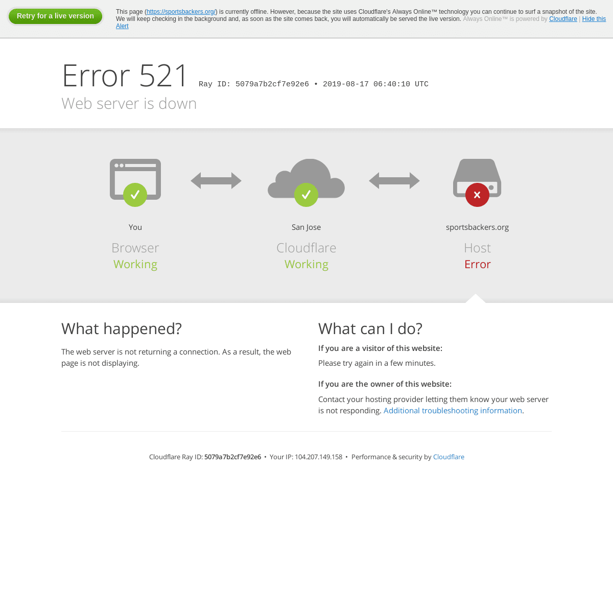 sportsbackers.org | 521: Web server is down