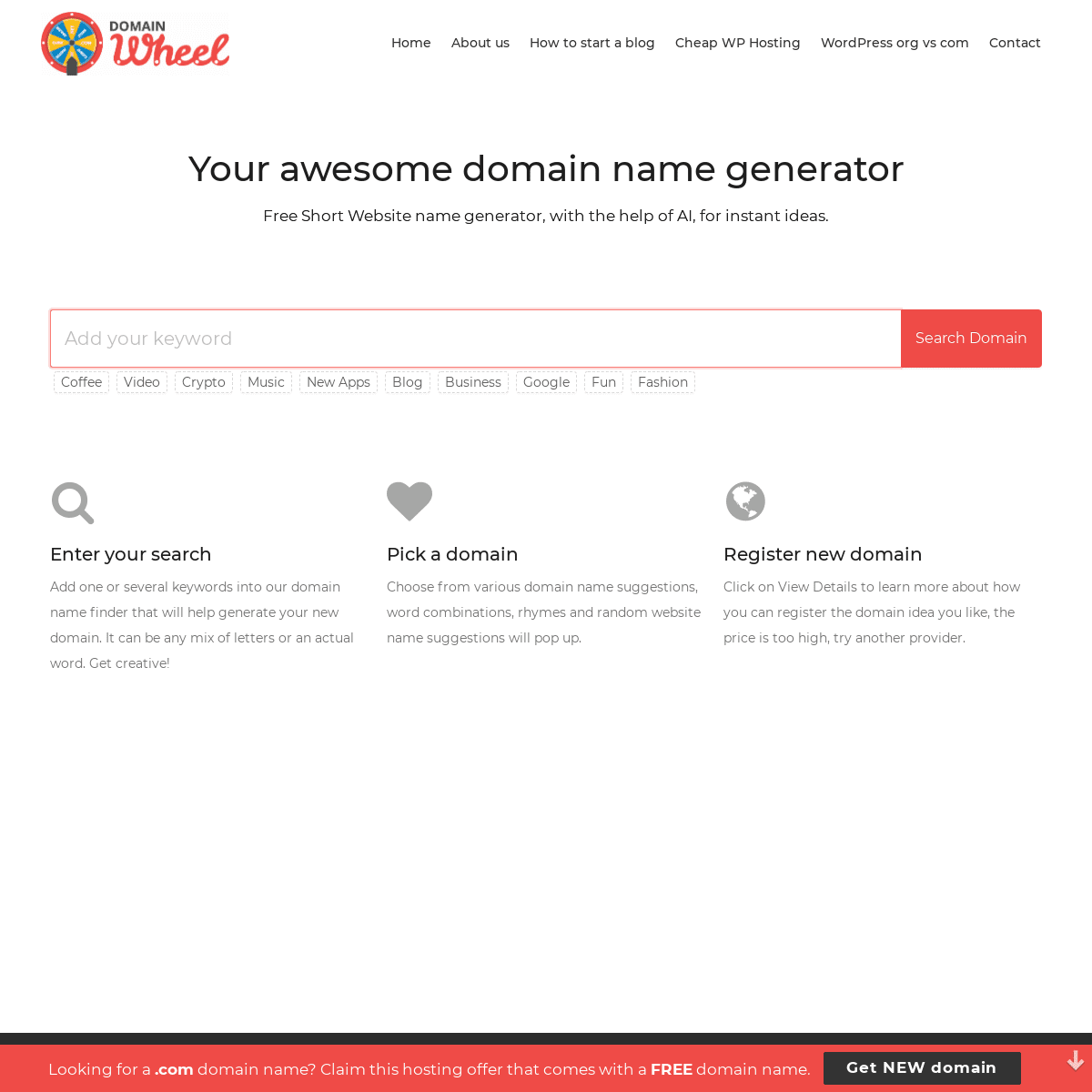 DomainWheel - Domain Name Generator (Instant Suggestions, no Ads)