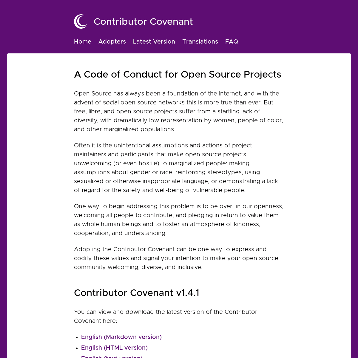 Contributor Covenant: A Code of Conduct for Open Source Projects