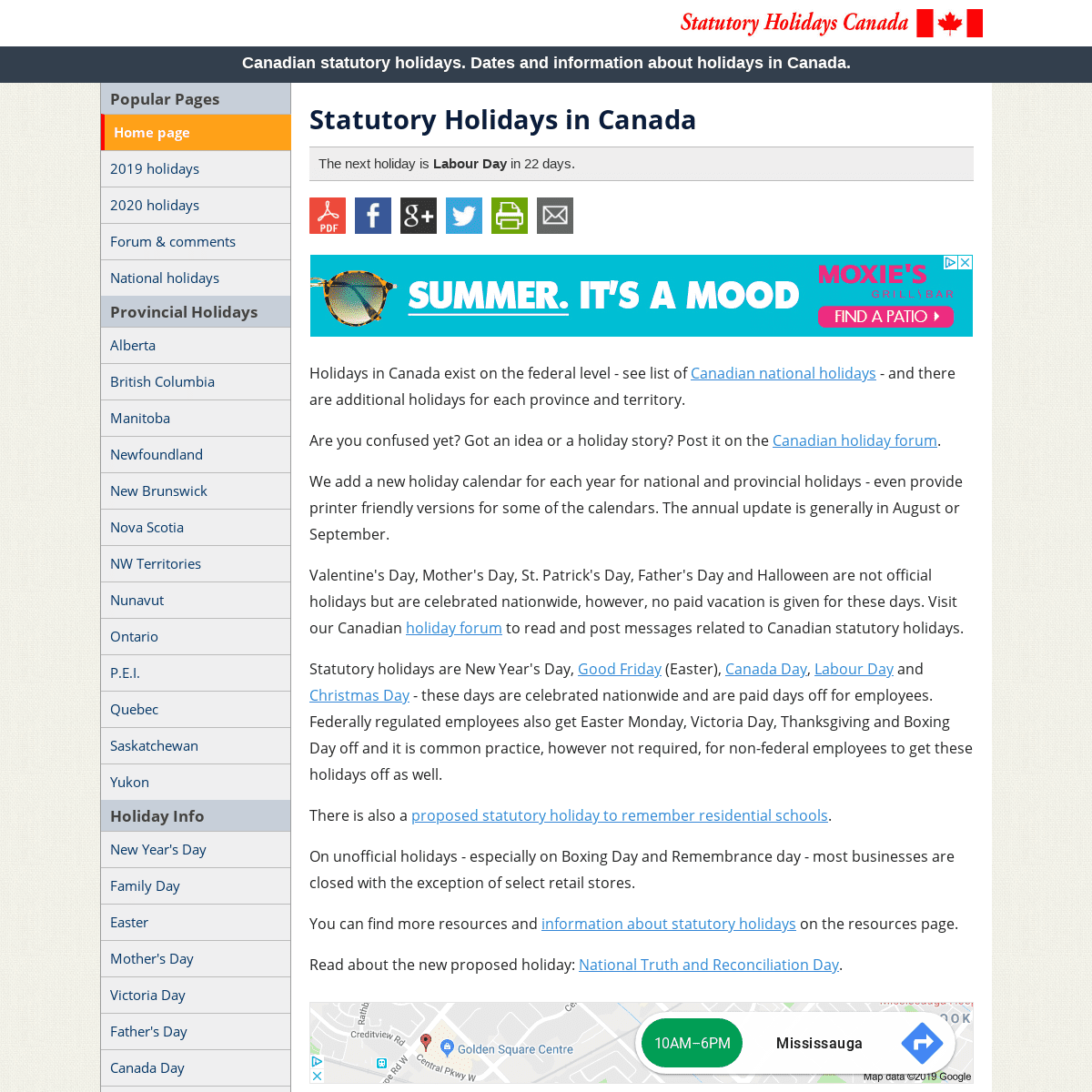 Statutory holidays in Canada both national and provincial.