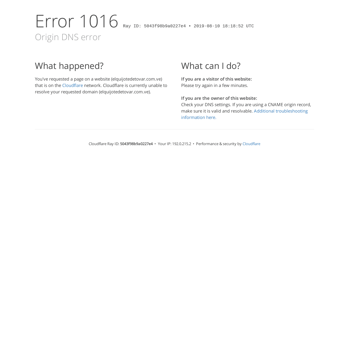 Origin DNS error | elquijotedetovar.com.ve | Cloudflare