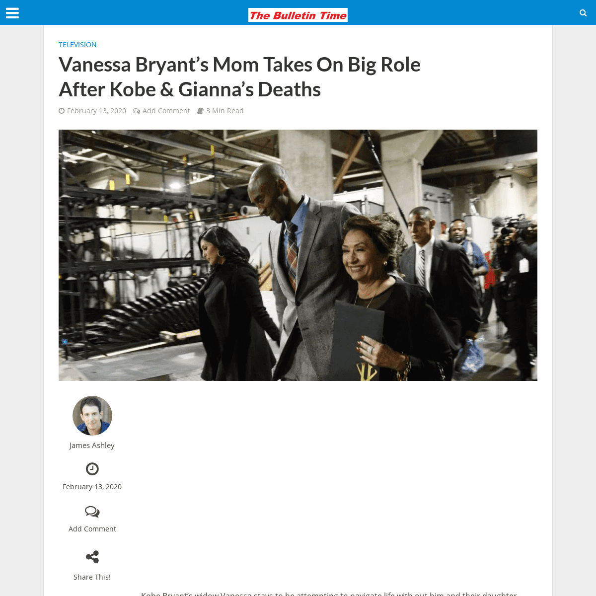 A complete backup of www.thebulletintime.com/television/vanessa-bryants-mom-takes-on-big-role-after-kobe-giannas-deaths/