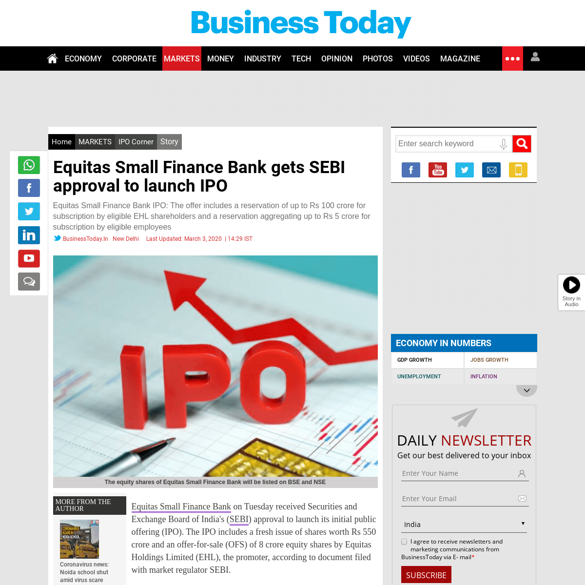 A complete backup of www.businesstoday.in/markets/ipo-corner/equitas-small-finance-bank-gets-sebi-approval-launch-ipo/story/3974