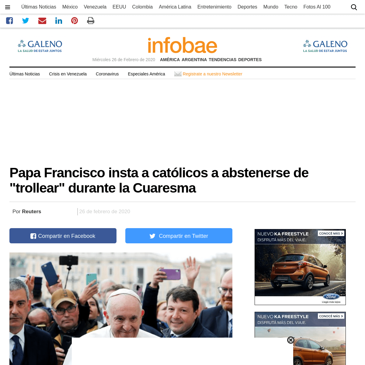 A complete backup of www.infobae.com/america/agencias/2020/02/26/papa-francisco-insta-a-catolicos-a-abstenerse-de-trollear-duran