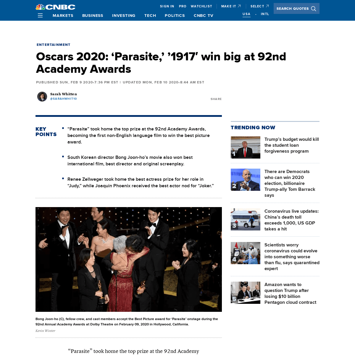A complete backup of www.cnbc.com/2020/02/09/oscars-2020-the-complete-list-of-winners-for-the-92nd-academy-awards.html