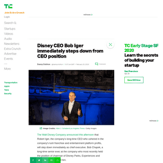 A complete backup of techcrunch.com/2020/02/25/disney-ceo-bob-iger-immediately-steps-down-from-ceo-position/