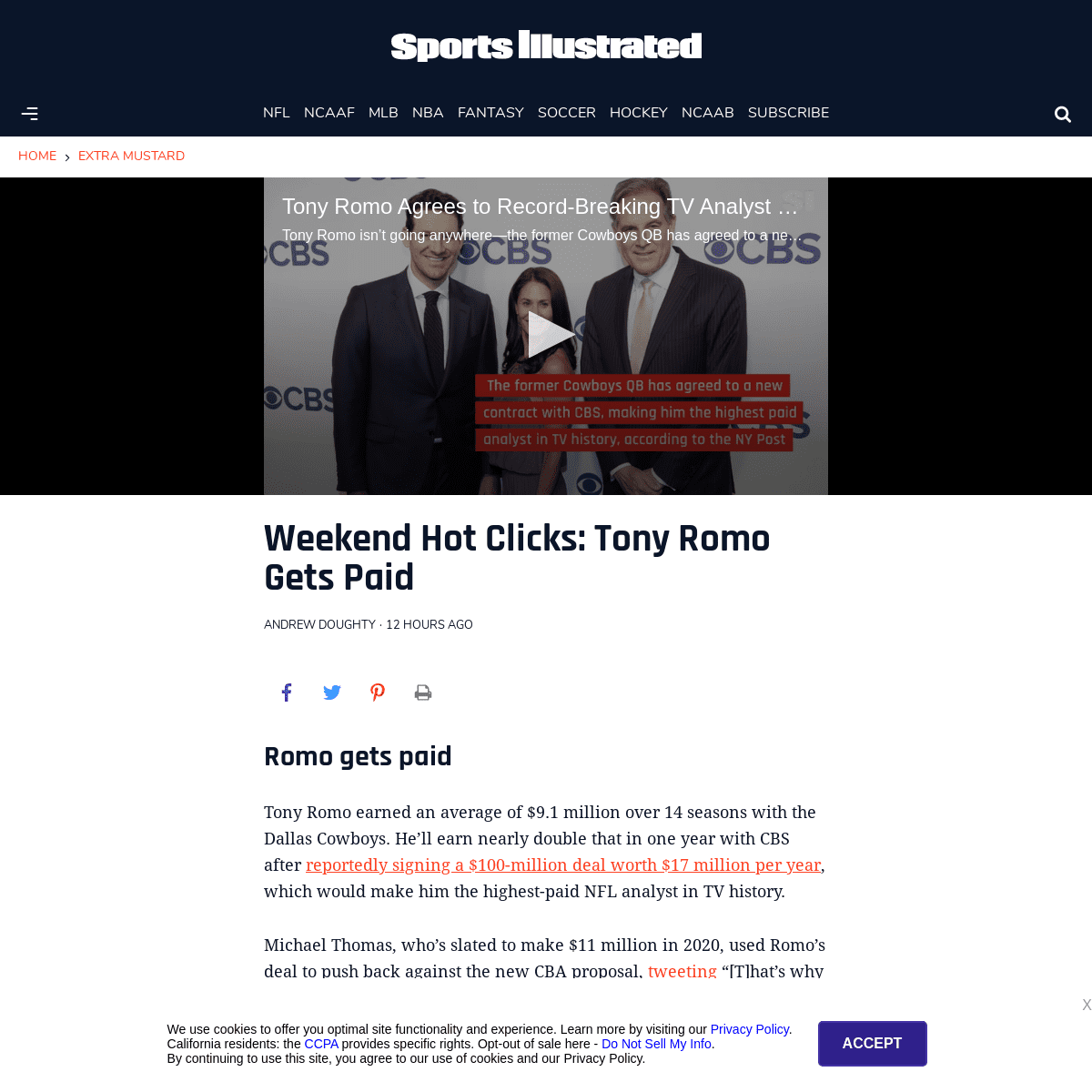 A complete backup of www.si.com/extra-mustard/2020/02/29/romo-cbs-contract-xlf-kickoff-rules-influence