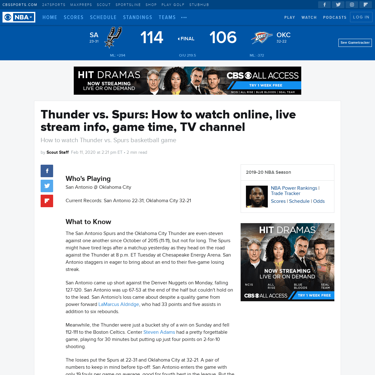 A complete backup of www.cbssports.com/nba/news/thunder-vs-spurs-how-to-watch-online-live-stream-info-game-time-tv-channel/