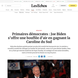 A complete backup of www.lesechos.fr/monde/etats-unis/primaires-democrates-joe-biden-soffre-une-bouffee-dair-en-gagnant-la-carol