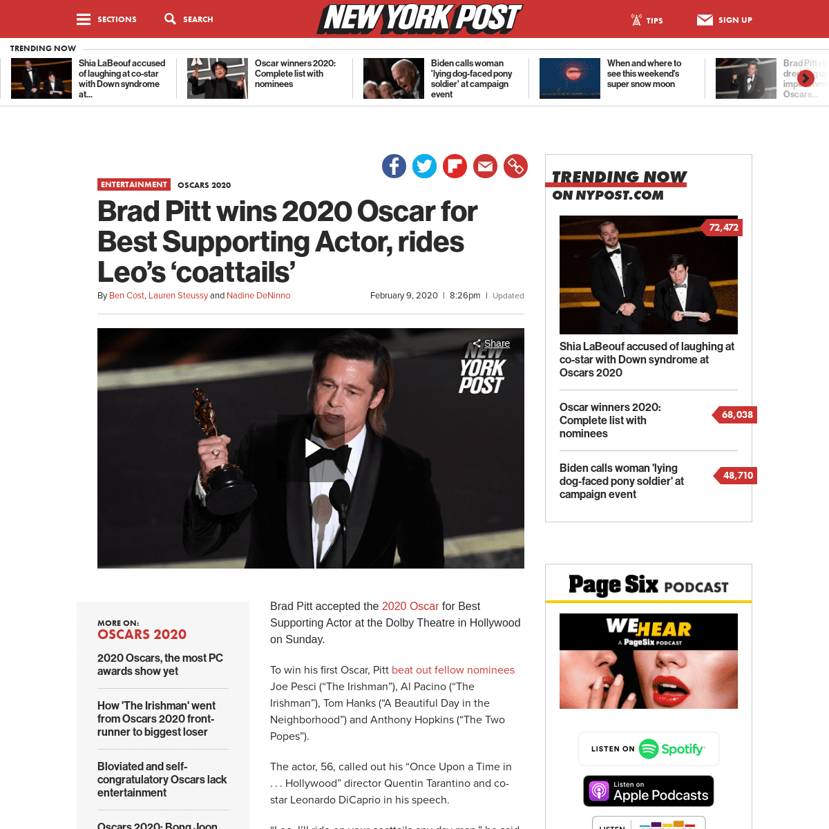 A complete backup of nypost.com/2020/02/09/brad-pitt-wins-2020-oscar-for-best-supporting-actor/