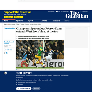 A complete backup of www.theguardian.com/football/2020/feb/25/championship-roundup-robson-kanu-extends-albions-lead-at-the-top