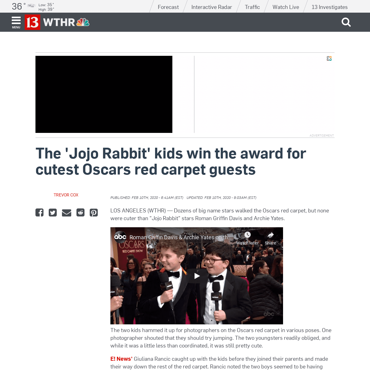 A complete backup of www.wthr.com/article/jojo-rabbit-kids-win-award-cutest-oscars-red-carpet-guests