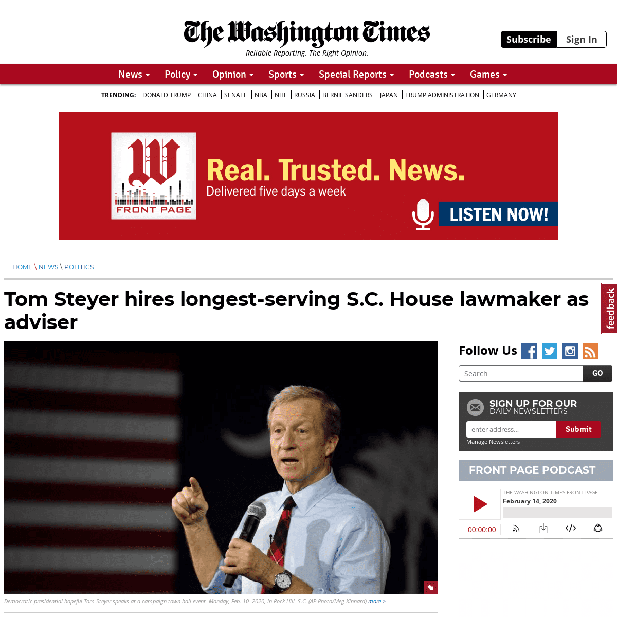 A complete backup of www.washingtontimes.com/news/2020/feb/12/tom-steyer-hires-longest-serving-sc-house-lawmaker/