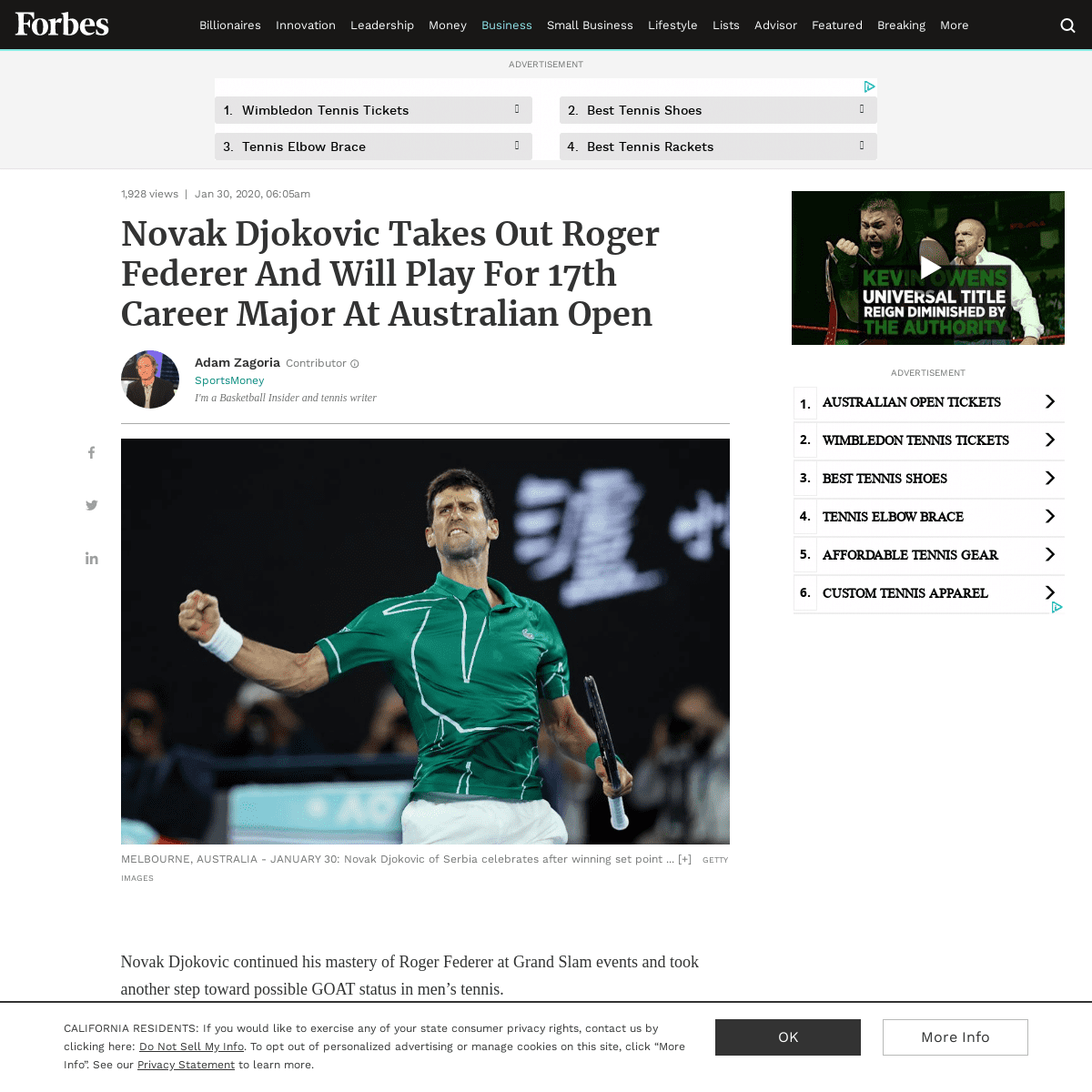 A complete backup of www.forbes.com/sites/adamzagoria/2020/01/30/novak-djokovic-takes-out-roger-federer-and-will-play-for-17th-c