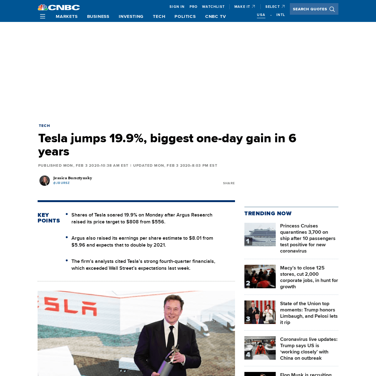 A complete backup of www.cnbc.com/2020/02/03/tesla-stock-soars-hitting-700-per-share-for-the-first-time.html