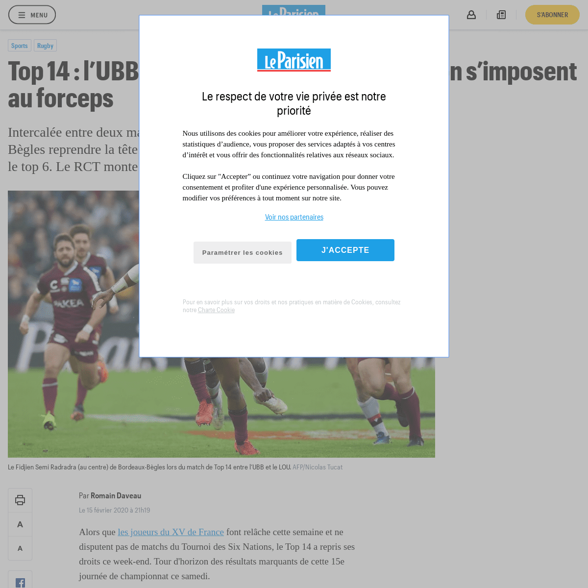 A complete backup of www.leparisien.fr/sports/rugby/top-14-l-ubb-taille-patron-clermont-et-toulon-s-imposent-au-forceps-15-02-20