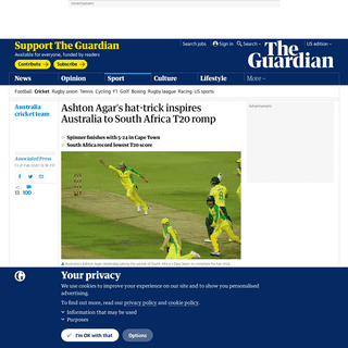 A complete backup of www.theguardian.com/sport/2020/feb/21/ashton-agars-hat-trick-inspires-australia-to-south-africa-t20-romp