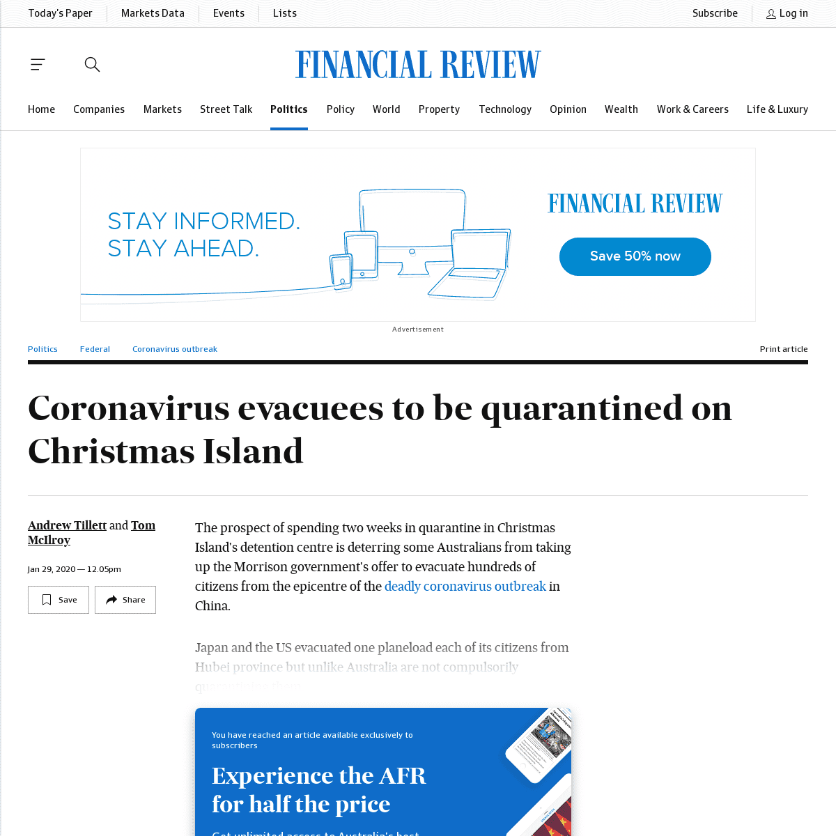 A complete backup of www.afr.com/politics/federal/australians-to-be-quarantined-on-christmas-island-20200129-p53vqb