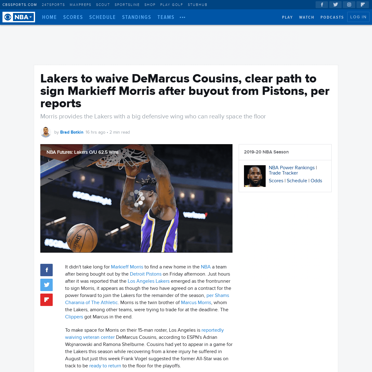 A complete backup of www.cbssports.com/nba/news/lakers-to-waive-demarcus-cousins-clear-path-to-sign-markieff-morris-after-buyout