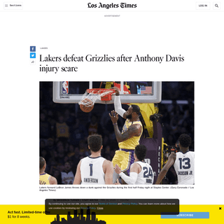 A complete backup of www.latimes.com/sports/lakers/story/2020-02-21/anthony-davis-leaves-lakers-grizzlies-game-with-apparent-leg