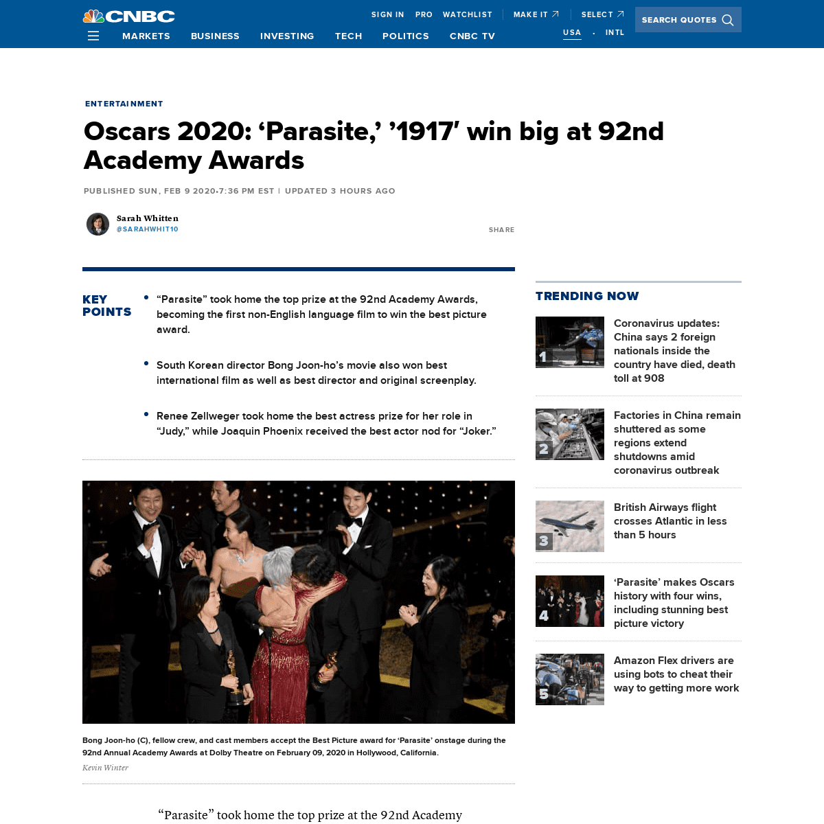 A complete backup of www.cnbc.com/2020/02/09/oscars-2020-the-complete-list-of-winners-for-the-92nd-academy-awards.html