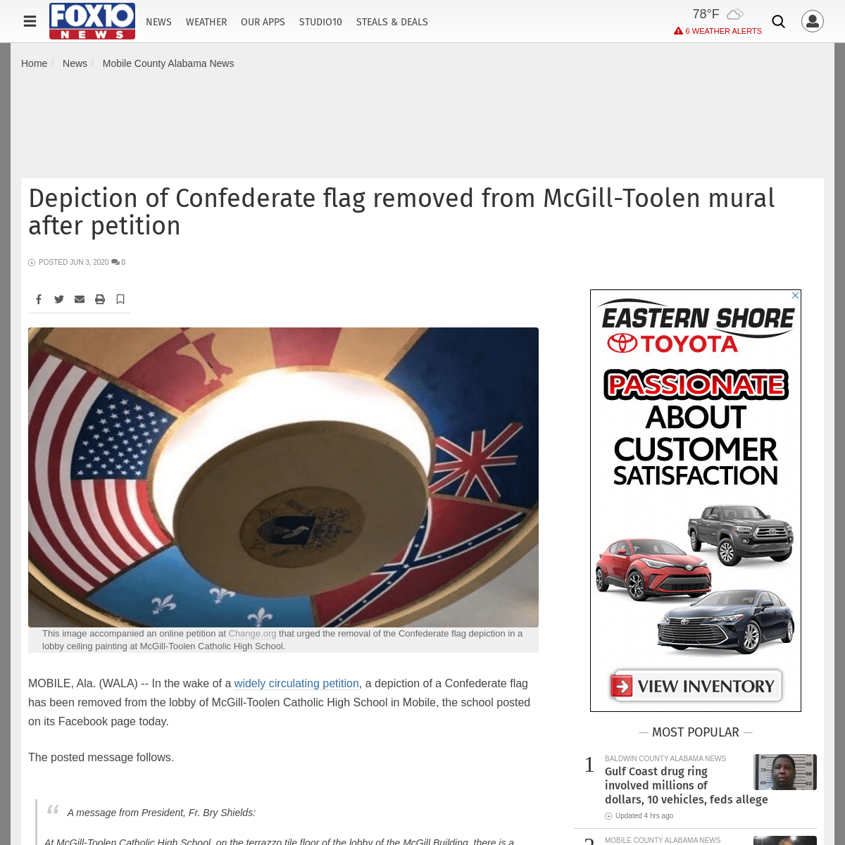 A complete backup of https://www.fox10tv.com/news/mobile_county/depiction-of-confederate-flag-removed-from-mcgill-toolen-mural-a