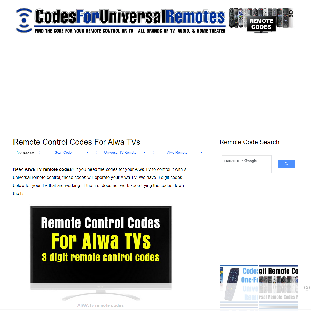 A complete backup of https://codesforuniversalremotes.com/remote-control-codes-for-aiwa-tvs/